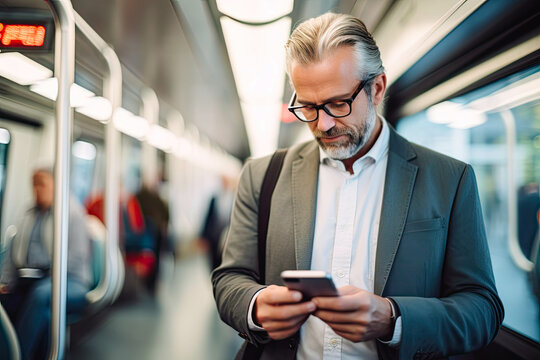 Senior executive intently using smartphone during transit, illustrating modern communication in daily urban commute