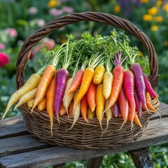 Freshly Harvested Colorful Carrots in a Rustic Basket Arrangement