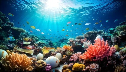 Obraz premium Fantasy Ocean World Featuring Easter Eggs Among Tropical Fish and Coral Reefs