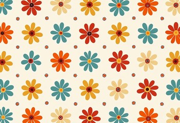 Seamless Colorful Cartoon Flower Pattern: Simple Shapes, Clean Outlines, and Japanese Woodblock Print Style on White Background with Black Dots - Playful Pastel Design for Children's Fabric & Wallpape