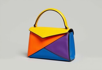 Modern Angular Mini Bag: Orange, Purple, Yellow, Blue Color Block Design - Stylish Handbag on a Light Gray Background


