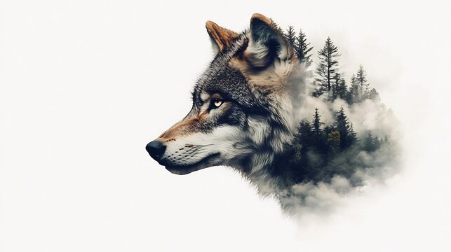Majestic Wolf in Misty Forest: A Double Exposure Masterpiece