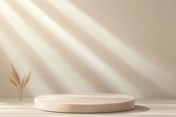 Espaço minimalista com luz natural projetando sombras dramáticas, apresentando um pódio simples e elementos decorativos sutis, criado com IA generativa