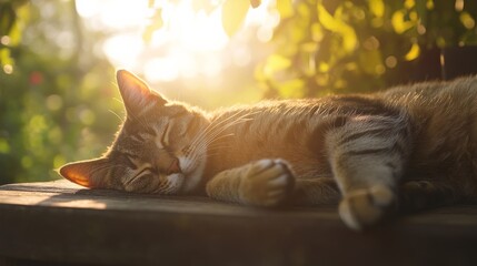 Cat napping on a garden bench under dappled sunlight. Featuring a serene feline in a peaceful outdoor setting. Highlighting tranquility and natural beauty. Ideal for relaxation themes.
