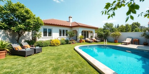 Luxurious modern house with a sparkling swimming pool in the backyard surrounded by lush greenery and comfortable outdoor seating area, backyard, greenery, house