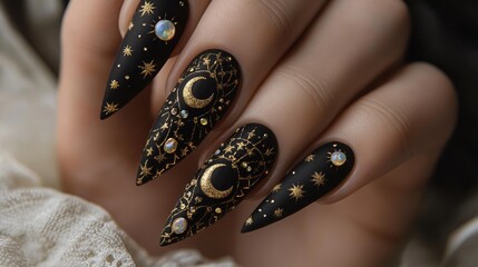 Elegant black stiletto nails adorned with gold celestial designs and gemstones showcasing intricate nail art creativity