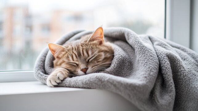 Cat napping on a windowsill with a cozy blanket. Featuring a content cat napping on a windowsill covered with a cozy blanket. Highlighting relaxation and comfort. Ideal for home decor themes.