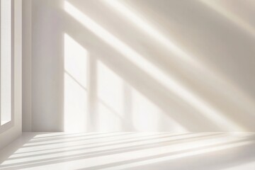 Fototapeta premium Espaço minimalista com luz natural projetando sombras dramáticas, apresentando um pódio simples e elementos decorativos sutis, criado com IA generativa