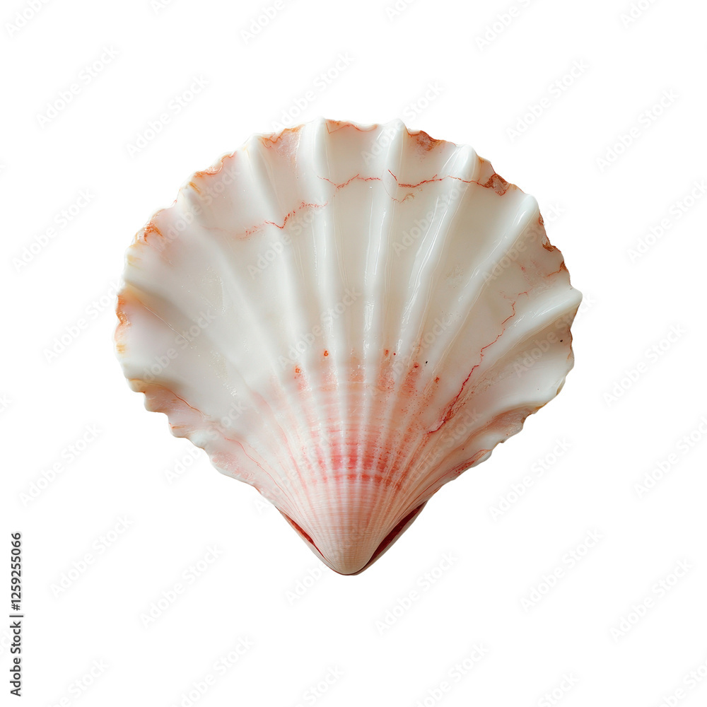 Poster close-up of a sea shell featuring a distinct red stripe on its surface against a neutral background 