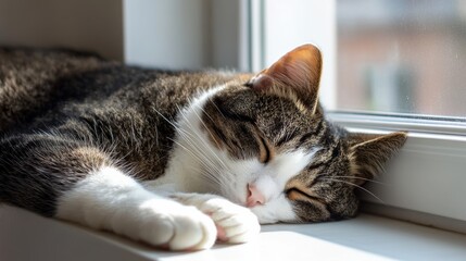 Cat napping on a windowsill. Cozy domestic scene. Highlighting relaxation and tranquility. Ideal for pet-themed decorations.