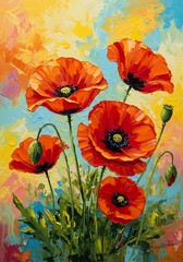 Red Poppy Flowers Painting on Canvas with Colorful Background Design