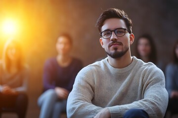 Confident and Focused: A young man with a determined gaze and a neatly trimmed beard sits confidently amongst a group of colleagues, radiating leadership qualities and unwavering self-assurance.