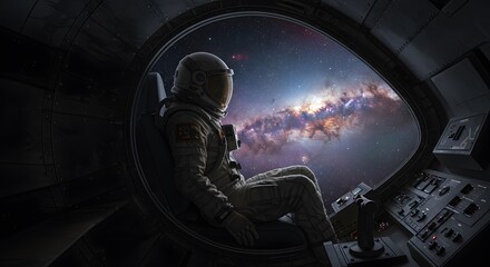 Astronaut Sitting Inside Spaceship Staring at Galaxy View Through Window
