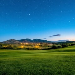 Fototapeta premium Starry Night Over Green Field and Distant Hills