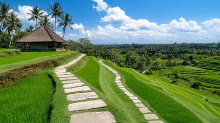 Obraz premium Stone Pathway Through Lush Green Rice Terraces in Bali
