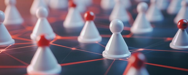 Network connecting white and red pawns on dark grid with red lines
