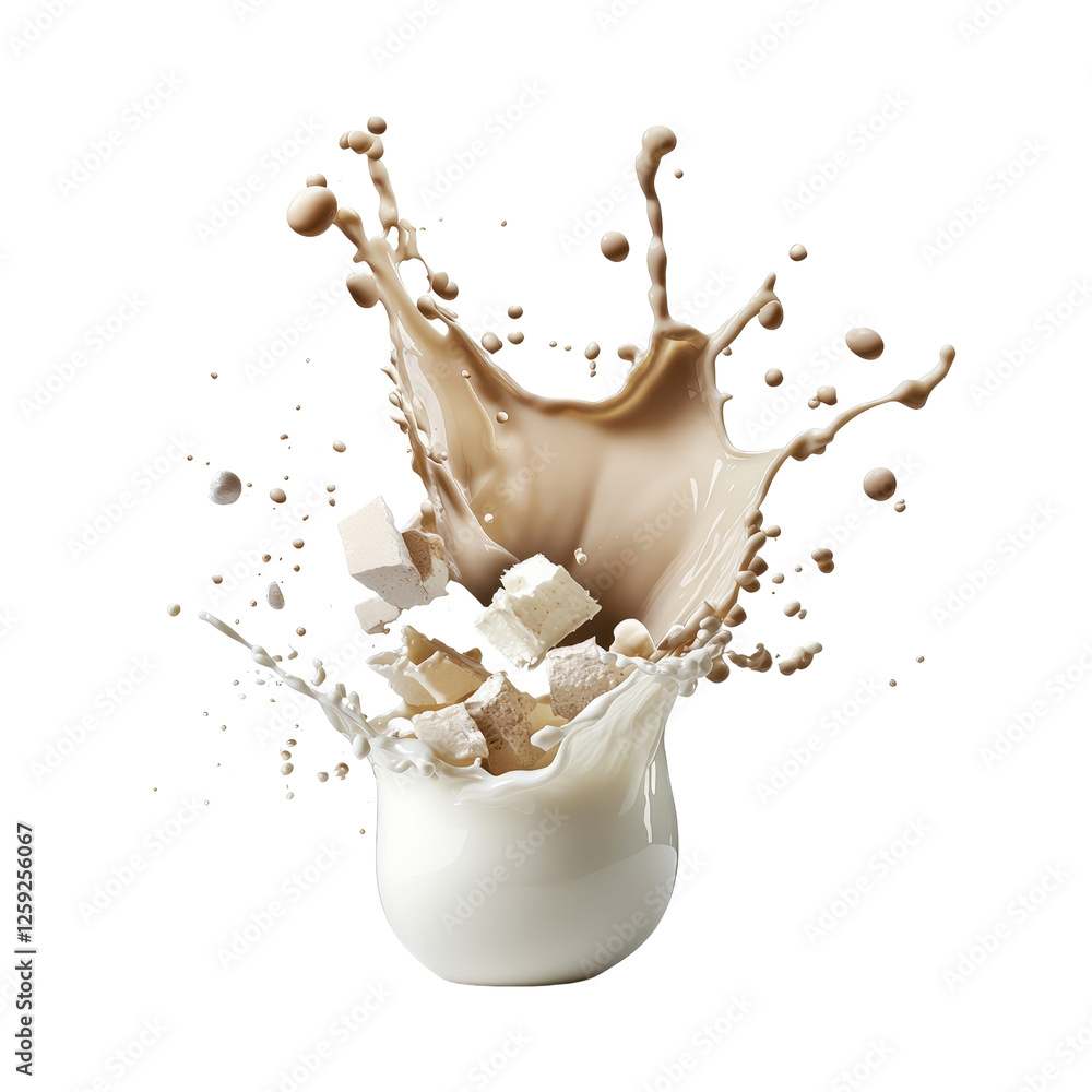 Poster splash of milk and milk droplets on a black background creating a dynamic visual effect isolated on 