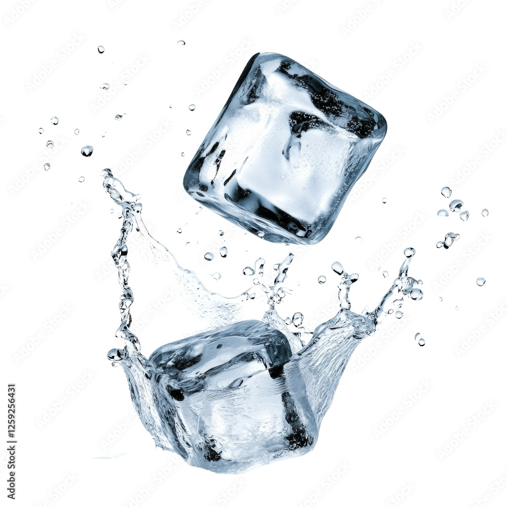Poster ice cubes splashing into water creating ripples and bubbles in a clear liquid environment isolated o
