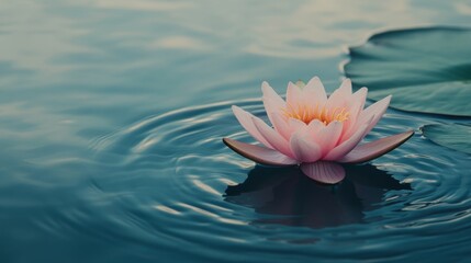 Beautiful pink lotus flower blooming in calm water on serene summer day in tranquil natural setting