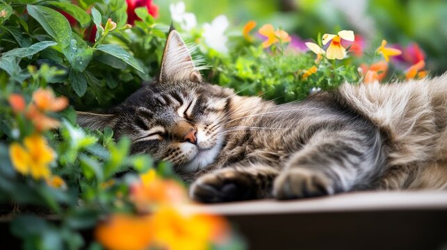 Charming cat napping in a garden. Featuring a different breed of cat sleeping peacefully in a garden setting. Emphasizing a serene, outdoor environment.