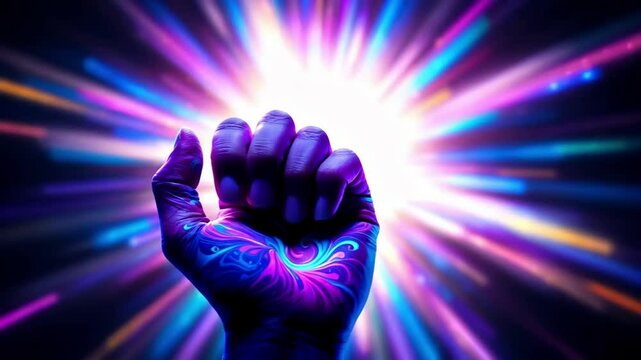 Purple hand surrounded by circle of fire, surreal art and symbolism