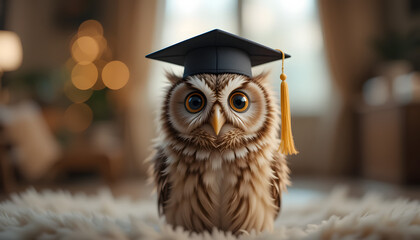 Graduation owl, cheerful expression, wearing cap, cozy interior background