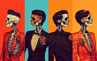 A vibrant collection featuring dressed skeletons against colorful backgrounds.