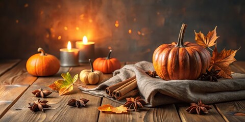 Autumnal Still Life Pumpkins, Cinnamon Sticks, and Star Anise with Warm Candlelight on Rustic Wooden Surface