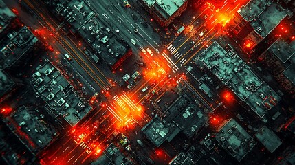 Obraz premium Aerial view of a bustling city intersection at night, illuminated by vibrant street lights