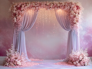 Maternity backdrop, wedding backdrop, photography background with a spin curtain with beautiful flowers on vintage wall, 300dpi, 3d