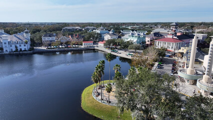 Naklejka premium Celebration Skyline At Celebration In Florida United States. Lakeside Park. Front Street Landscape. Celebration At Florida United States. Downtown District. Recreation Scenery. Celebration Florida.