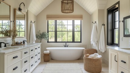 Elegant bathroom design featuring a soaking tub and natural light in a serene country setting
