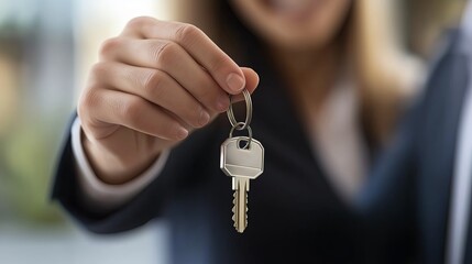A real estate agent handing over house keys to a happy couple or family, symbolizing homeownership, property investment, and a fresh start.  
