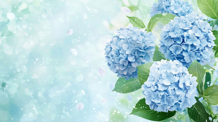 Soft pastel colored illustration of blue hydrangeas with green leaves, creating serene and calming atmosphere. Perfect for floral decor or nature themed designs