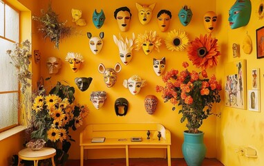 Unique decor with floral accents and artistic masks.