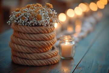 Rustic floral arrangement in woven rope vase with candles nearby