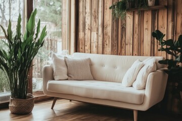 Naklejka premium Cozy living room featuring a modern sofa beside lush greenery in a rustic wooden setting