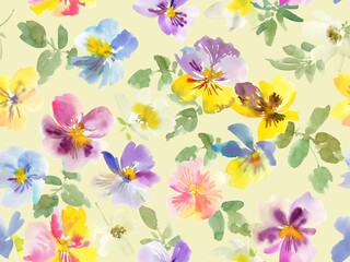 A seamless pattern of abstract pansies painted in watercolor. A hand-painted pansy wallpaper for spring.