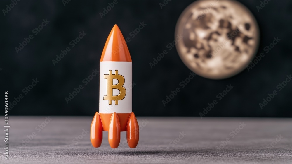 Poster a stylized rocket with a bitcoin symbol is positioned on a surface, with a large moon in the backgro