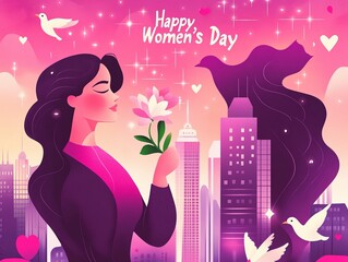 Woman's day concept. A confident professional woman holding a flower in front of the city.