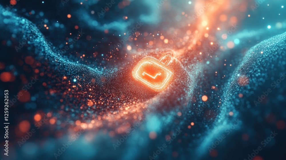 Poster glowing padlock symbol in particle wave abstract