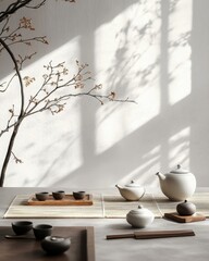A serene setting of a Chinese tea ceremony with delicate porcelain teaware