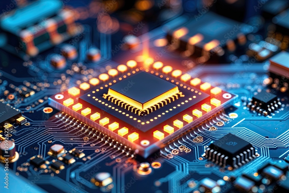 Aufkleber macro view of a glowing semiconductor on a circuit board highlighting technology and microchips
