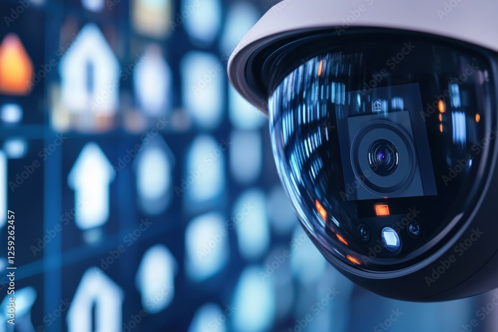 Poster smart home security concepts. surveillance camera with digital interface in background.