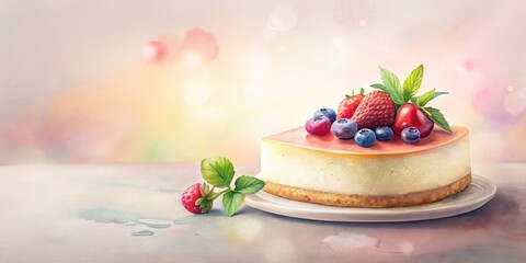 A delectable slice of creamy cheesecake, adorned with a vibrant medley of fresh strawberries, blueberries, and cherries, presented on an elegant plate against a soft, blurred background.