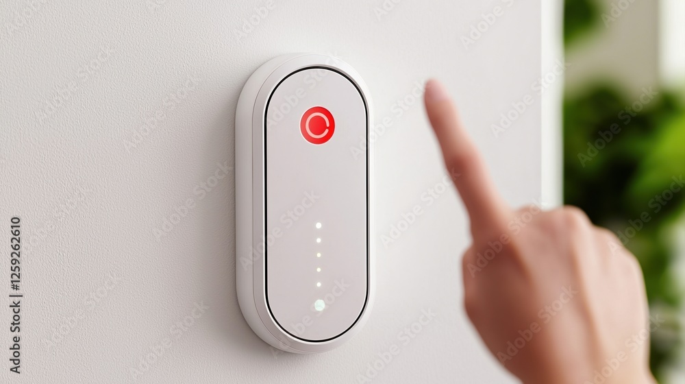 Poster smart home security concepts. smart home device with a finger approaching a touch control panel.