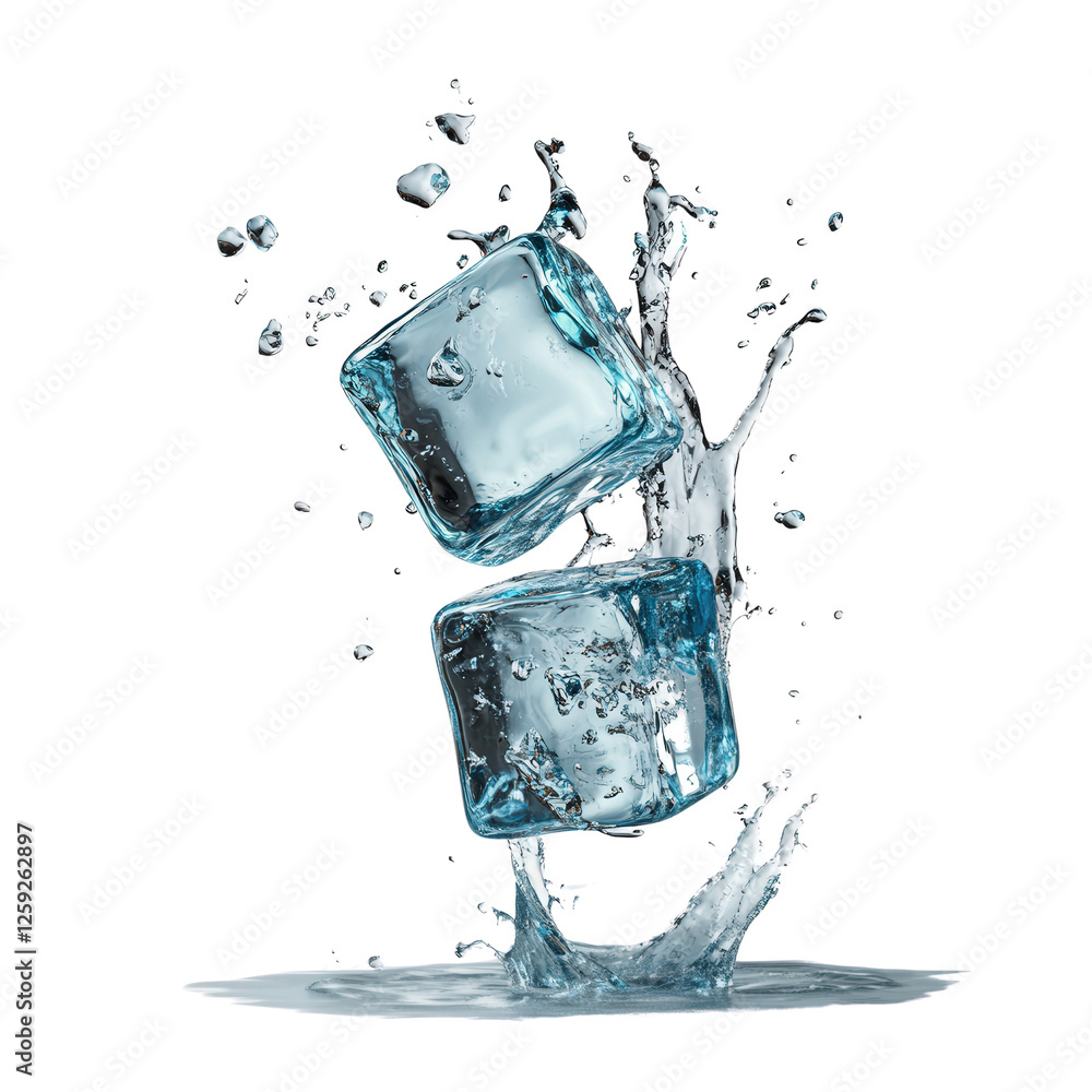 Poster ice cubes splashed with water on a black background for beverage and refreshment concepts isolated o