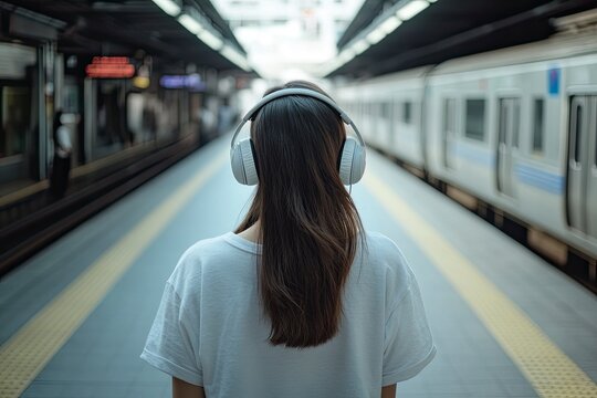 Perempuan menikmati musik dengan mata tertutup pada headphone di stasiun kereta bawah tanah with generative ai