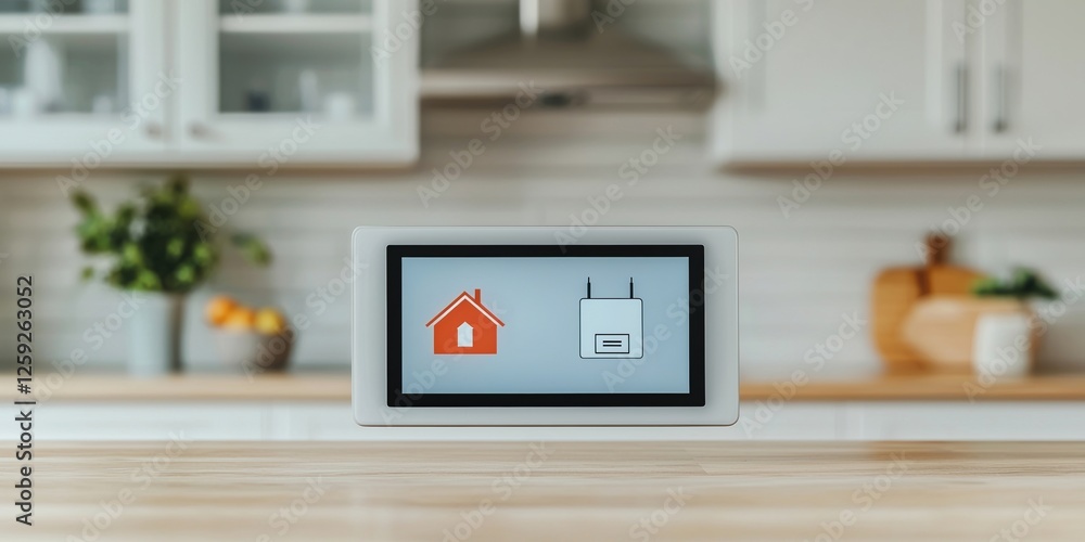Poster smart home security concepts. smart home device displaying controls in a modern kitchen setting.