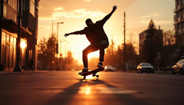 Silhouette of Man Skateboarding at Golden Sunset on City Street